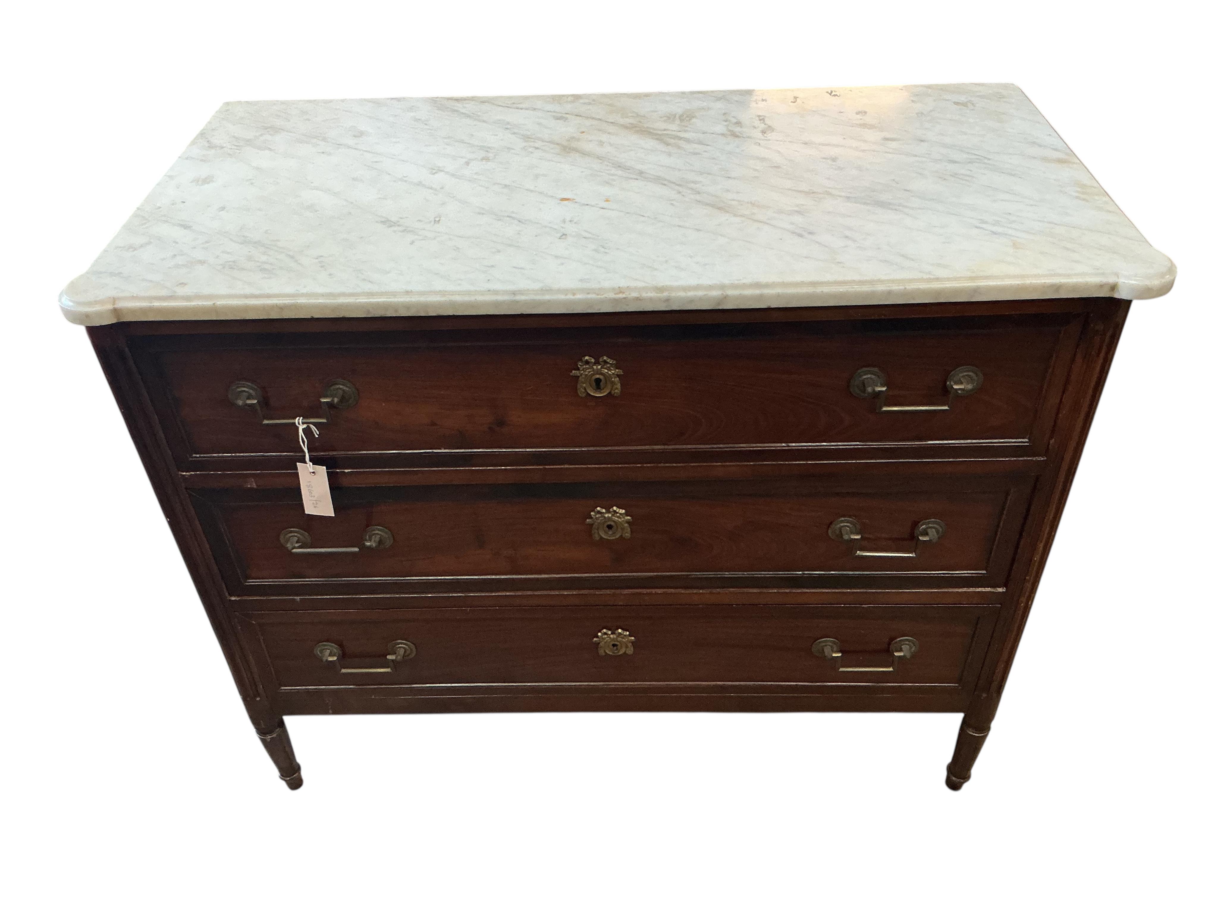 A Louis XVI style marble top mahogany commode, width 112cm, depth 55cm, height 91cm